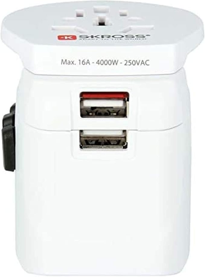 SKROSS Pro Light World Travel Adapter with USB | 3-Pole Travel Adaptor with Slide System | Designed for 200+ Countries | Compact and Reliable | White