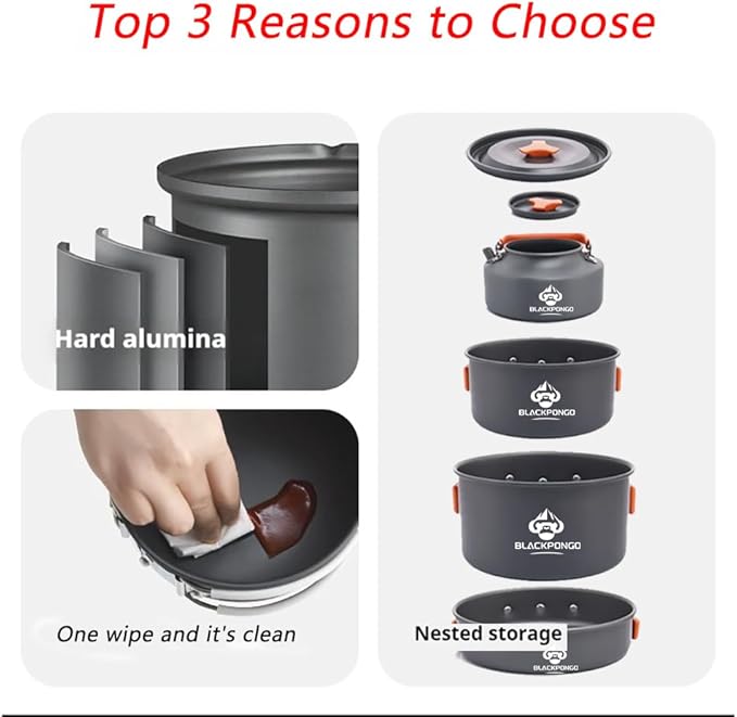 Camping Cookware Mess Kit for Backpacking Gear – Camping Cooking Set - Camping Pots and Pans Set - Camp Kitchen Equipment Accessories Pot