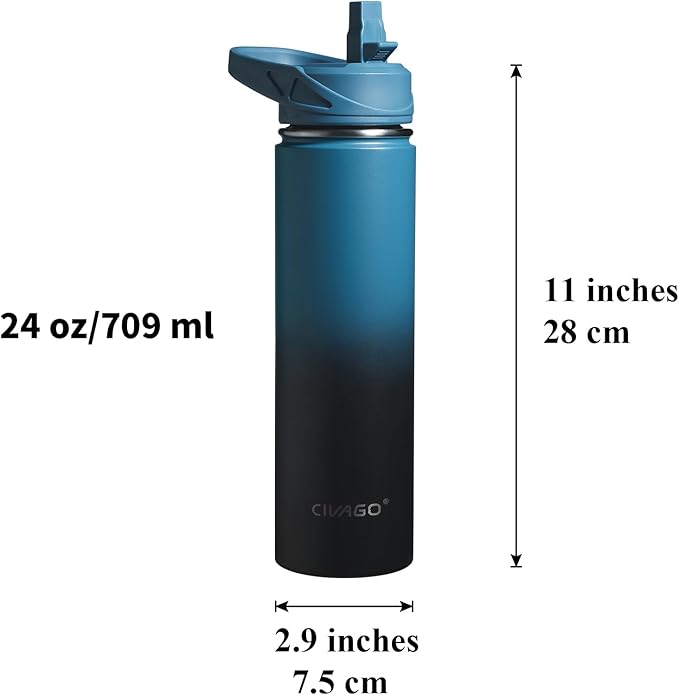 CIVAGO 24 oz Insulated Water Bottle With Straw, Stainless Steel Sports Water Cup Flask with 3 Lids (Straw, Spout and Handle Lid), Wide Mouth Travel Thermal Mug, Classic Omber Gray