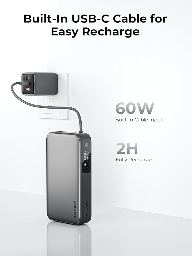 Portable Charger 20000mAh, 100W PD Fast Charging Power Bank with Built-in USB C Cable Smart Digital Display Laptop Battery Pack for MacBook, iPad, iPhone, Samsung, Steam Deck and More