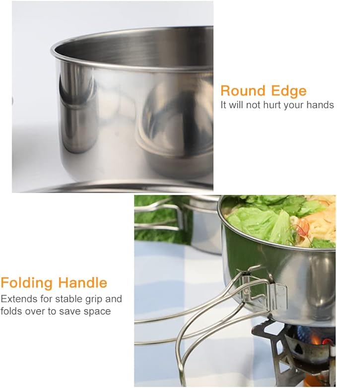 Lixada Camping Cookware Set, 4PCS Portable Stainless Steel Camp Cook Set, Lightweight Stackable Camping Pots and Pans Plate Set Camping Gear for Outdoor Backpacking Camping Hiking Picnic