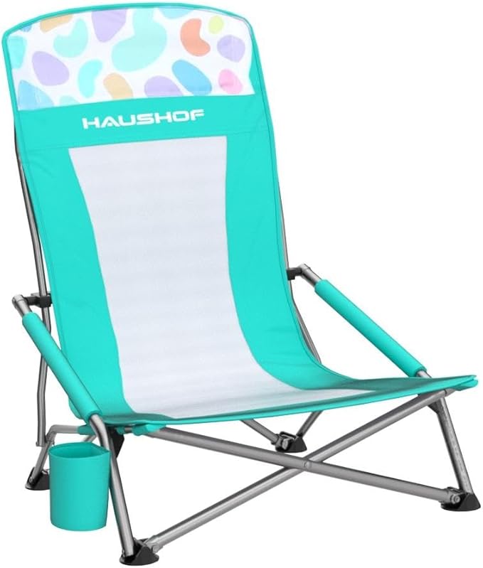 HAUSHOF High Back Beach Chair, Mesh Back Folding Chair, Lightweight Low Seat Camping Chairs with Cup Holder, Carry Bag, Padded Armrest for Outdoor Beach Lawn Camping Picnic Festival