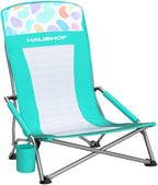 HAUSHOF High Back Beach Chair, Mesh Back Folding Chair, Lightweight Low Seat Camping Chairs with Cup Holder, Carry Bag, Padded Armrest for Outdoor Beach Lawn Camping Picnic Festival