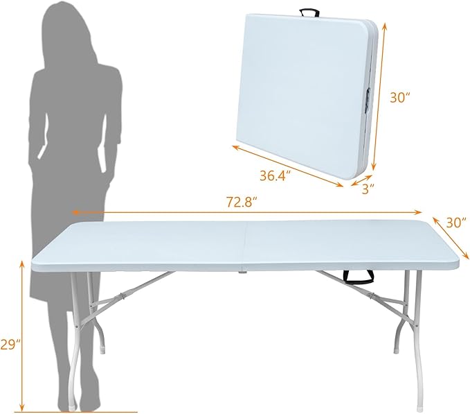 6 FT Folding Table with Carry Handle, Portable Fold-in-Half Plastic Table, Rectangle Foldable Table for Indoor/Outdoor White
