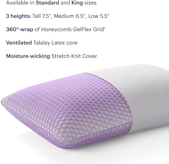 Purple Harmony Pillow - Standard Low, Greatest Pillow Ever Invented, 360º Hex Grid & Talalay Latex Core - No Pressure Support, Stays Cool, Luxurious Comfort