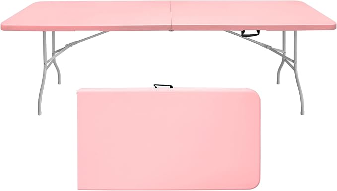 8 FT Folding Table with Carry Handle, Portable Fold-in-Half Plastic Table, Rectangle Foldable Table for Indoor/Outdoor Pink
