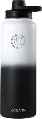 Oceania Flask 40oz Stainless Steel Water Bottles | Modern, Leakproof, Vacuum Insulated with 3 Lids, 3 Straws & 2 Straw Cleaning Brushes | Simple Lightweight Camping & Hiking Hydration Canteens