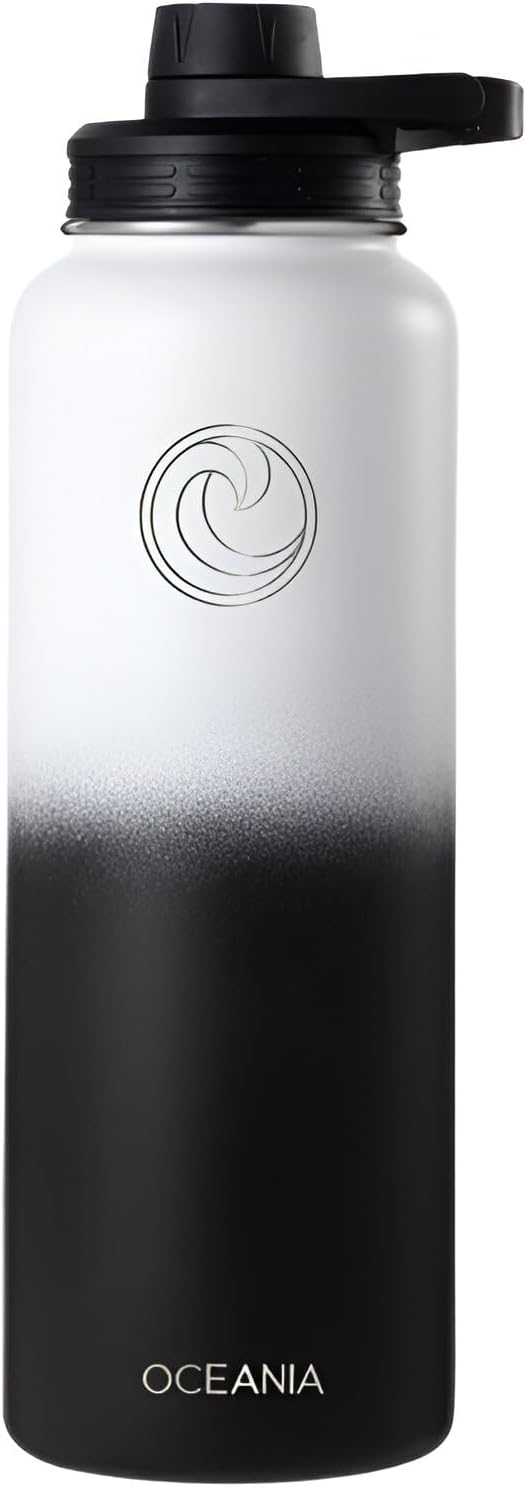 Oceania Flask 40oz Stainless Steel Water Bottles | Modern, Leakproof, Vacuum Insulated with 3 Lids, 3 Straws & 2 Straw Cleaning Brushes | Simple Lightweight Camping & Hiking Hydration Canteens