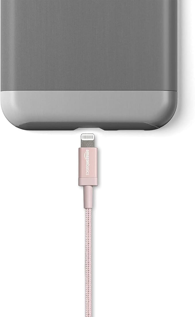 Amazon Basics USB-A to Lightning Cable, Apple MFi Certified, Nylon Braided Cord for iPhone 14 13 12 11 X Xs Pro, Pro Max, Plus, iPad, Data Sync, High Speed Transfer, 3 Foot, Rose Gold
