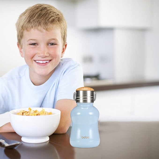 YOHKOH Mini Vacuum Insulated Water Bottle With Bamboo Lid - Stainless Steel Thermos Water Bottle for Women Girls Kids, Metal Sports Hot and Cold Water Bottle Leak-Proof BPA-Free (6.4oz,Blue)