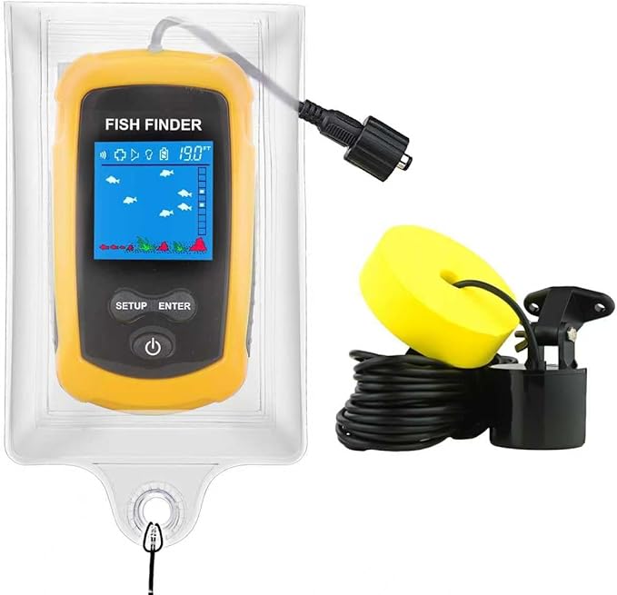 Portable Fish Finder Ice Kayak Fishing Gear Water Depth Finder Handheld Fishfinder with Sonar Transducer and LCD Display