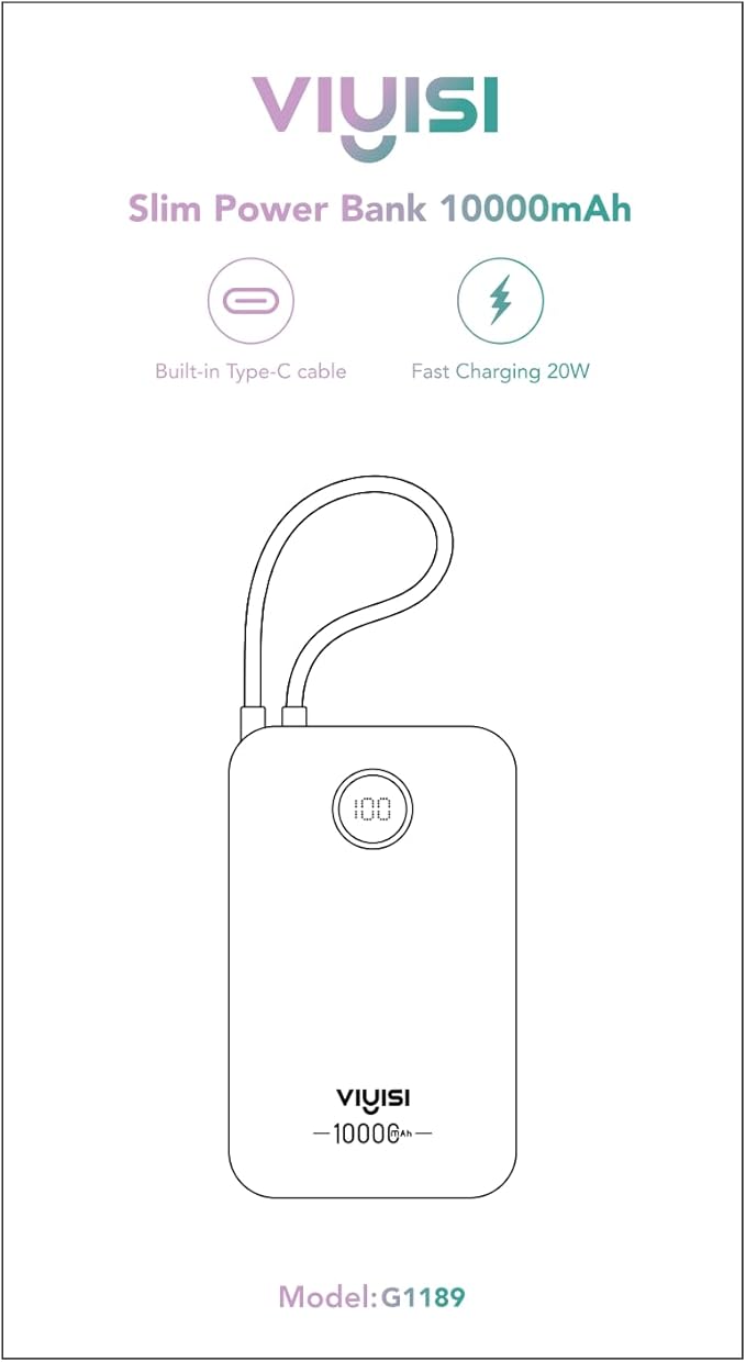 Slim Portable Charger 10000mAh, Travel Power Bank with Built-in USB-C Cable & LED Display, 22.5W Fast Charging Battery Pack Compatible with iPhone 16 15 Samsung S24 S23 -Purple