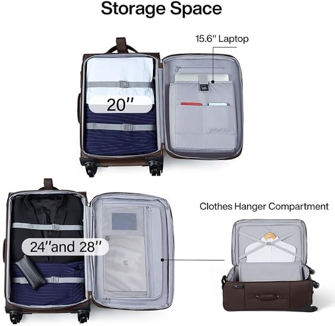 Hanke 24 inch Softside Expandable Luggage with Spinner Wheels, Medium Size Suitcase Checked Luggage Travel Luggage Rolling Suitcase,Coffee