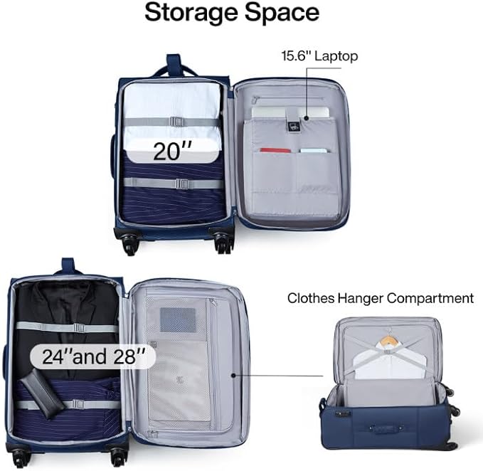 Hanke 3 Piece luggage Sets Softside Expandable luggage with Spinner Wheels TSA Lock,Travel Lightweight Luggage Sets,Blue