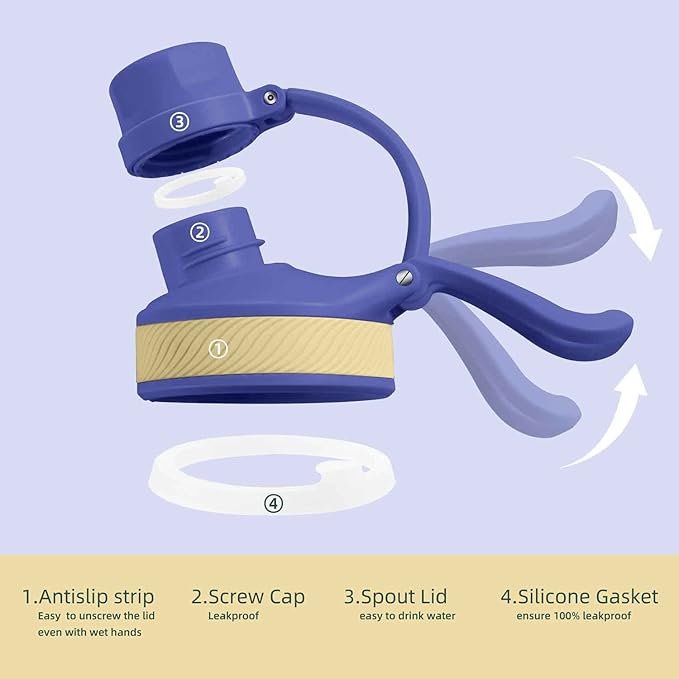 IDEUS Insulated Stainless Steel Water Bottle with 2 Leak-Proof Lids, Thermal Water Flask for Hiking Biking, 24oz, Purple