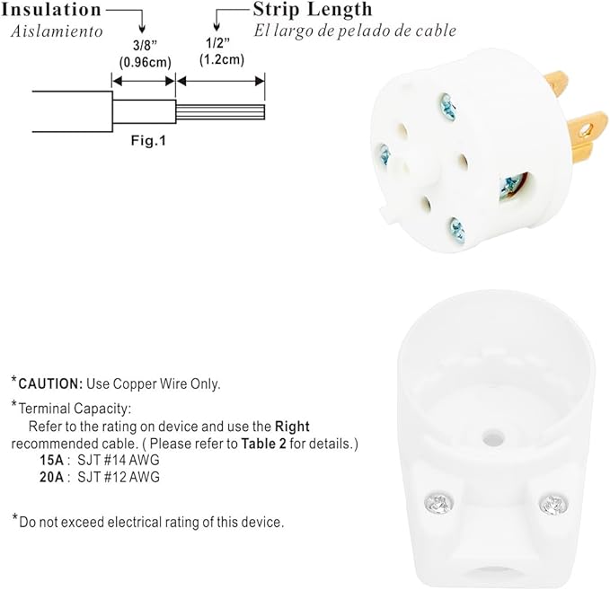 (3PACK) ETL Listed 90 Degree USA Canada Male Plug Nema 5-15P 3 Pole Angle DIY Plug, 15A 125V USA 3Pin Right Angle AC Plug, Nema 5-15P Angled Rewireable AC Plug White