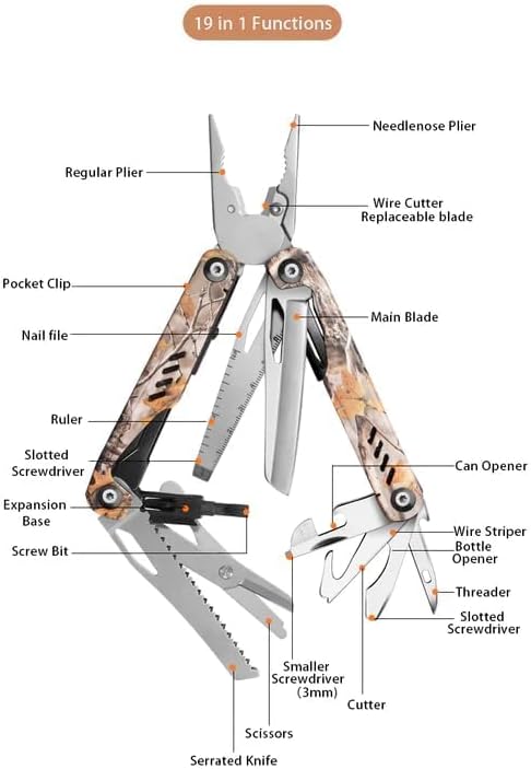 Cherev Tools 19-in-1 Multitool Pliers - Survival Gear Multi Tool with Pocket Knife, Wire Cutter, Ruler, Nail File, Can & Bottle Opener, Cutter, Scissors, Screwdrivers, Self-Driver Bits - Camo Finish