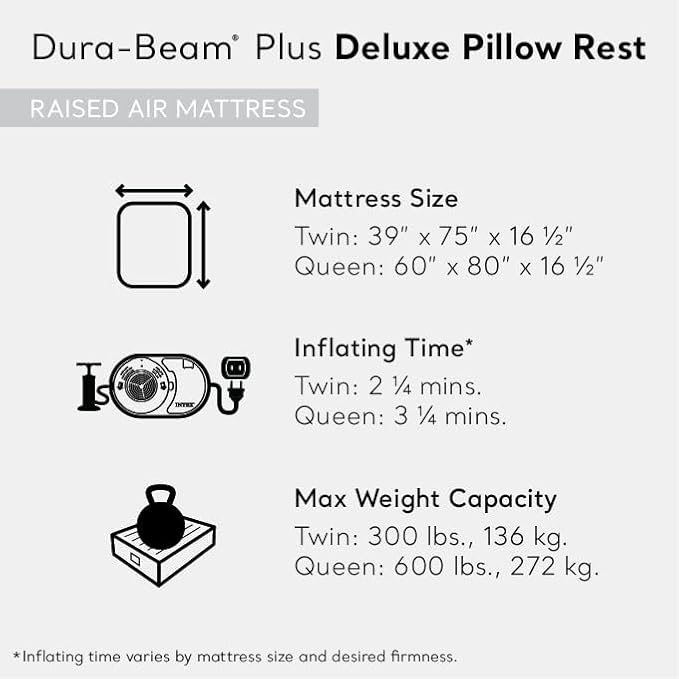 Intex 64135ED Dura-Beam Plus Deluxe Pillow: Fiber-Tech – Queen Size – Built-in Electric Pump – 16.5in Bed Height – 600lb Weight Capacity
