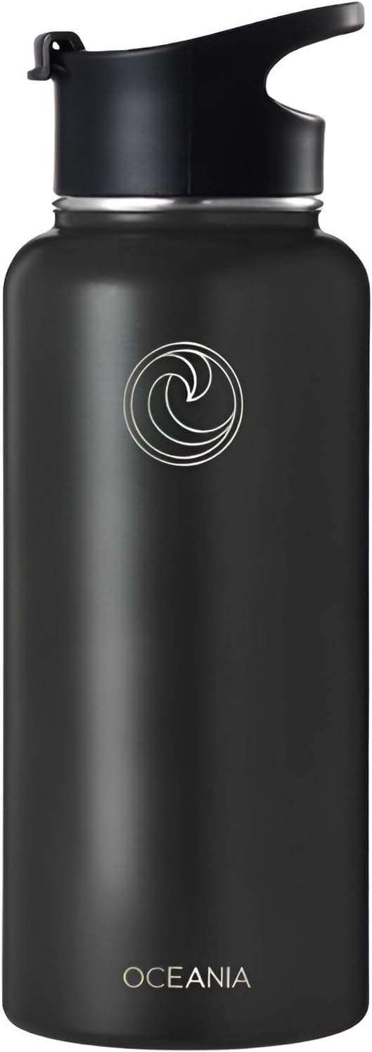 Oceania Flask 32oz Stainless Steel Water Bottles | Modern, Leakproof, Vacuum Insulated with 3 Lids, 3 Straws & 2 Straw Cleaning Brushes | Simple Lightweight Camping & Hiking Hydration Canteens