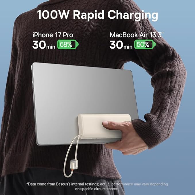 Baseus Smallest Qi2 Certified 15W MagSafe Portable Charger, 0.5" Ultra Slim 5000mAh Bundle with Portable Charger with Built in Cable, 100W Laptop Power Bank 20000mAh, Travel Essential Fast Charging