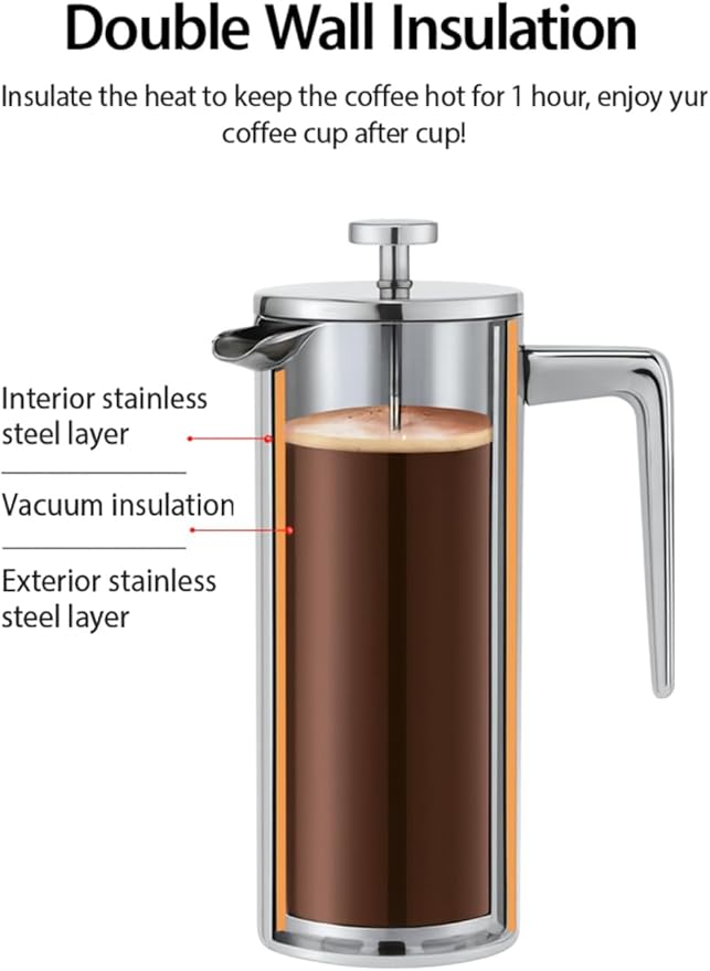 VIA CREMA French Press Coffee Maker, Stainless Steel, 800ml/27oz