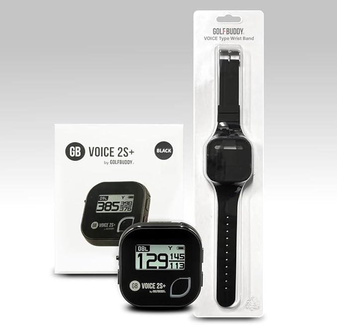 GolfBuddy Voice 2S+ Talking GPS Rangefinder Bundle with Official GolfBuddy Wristband Black – Audio Distance to Front/Center/Back, 18-Hour Battery, Preloaded Courses, Wearable Golf GPS Watch Conversion
