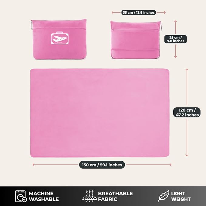 FlyHugz Pink Travel Blanket & Pillow Set (59.1"x47.2") with Carry Case, Luggage Sleeve & Clip – Portable, Lightweight, Breathable & Washable – Perfect for Plane, Car, Camping & Travel