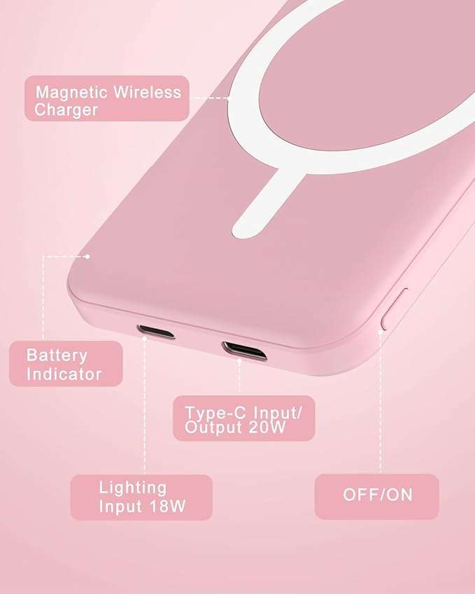 podoru for Magsafe Battery Pack, 5000mAh Magnetic Power Bank with Type-C Cable 20W PD Fast Charging Lighting Input Wireless Portable Charger for iPhone 17/16/15/14/13/12/ All Series-Pink