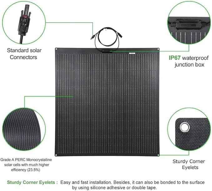 LensunSolar Flexible Solar Panel 200W 12V ETFE 9BB,44in x 35.6in Semi-Flexible Bendable Mono Solar Panel 200 Watt for RV Van Roof TopCamping Home Boat Marin