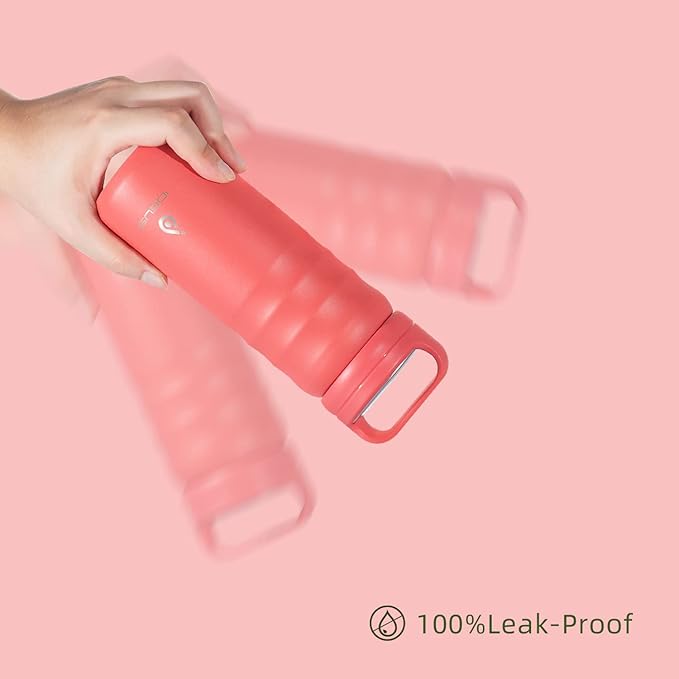 IDEUS Insulated Stainless Steel Water Bottle with 2 Leak-Proof Lids, Thermal Water Flask for Hiking Biking, 18oz, Red