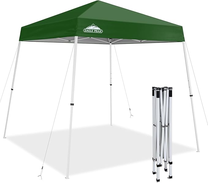 EAGLE PEAK 8x8 Slant Leg Pop-up Canopy Tent Easy One Person Setup Instant Outdoor Beach Canopy Folding Portable Sports Shelter 8x8 Base 6x6 Top (Green)