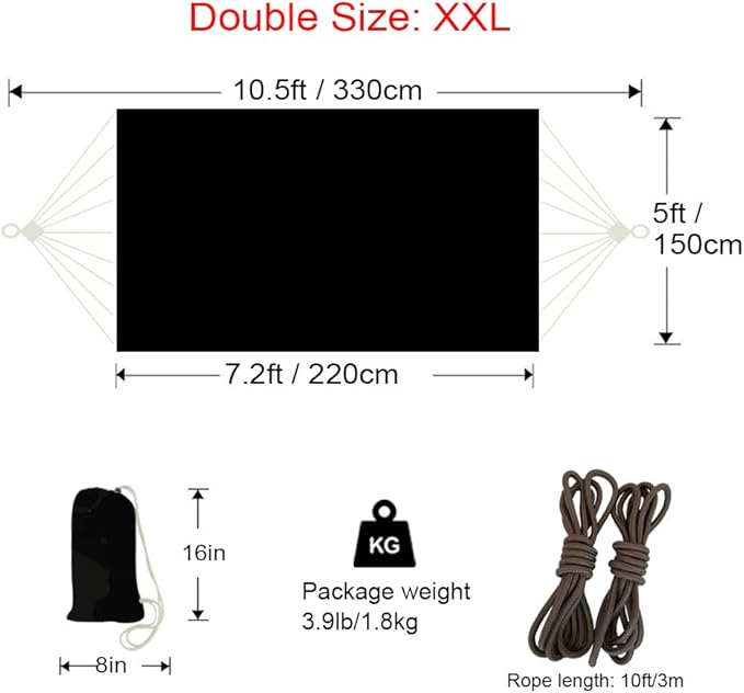Double Hammock 2 Person Extra Large 330X150cm Load Capacity 600Pound Canvas Cotton Hammock for Patio Porch Garden Backyard Lounging Outdoor and Indoor XXL(Black)