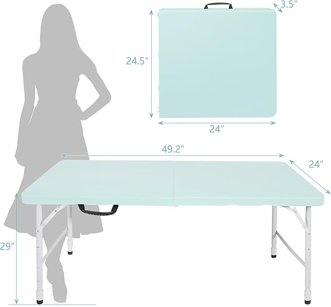 4 FT Folding Table with Carry Handle, Portable Fold-in-Half Plastic Table, Rectangle Foldable Table for Indoor/Outdoor Blue