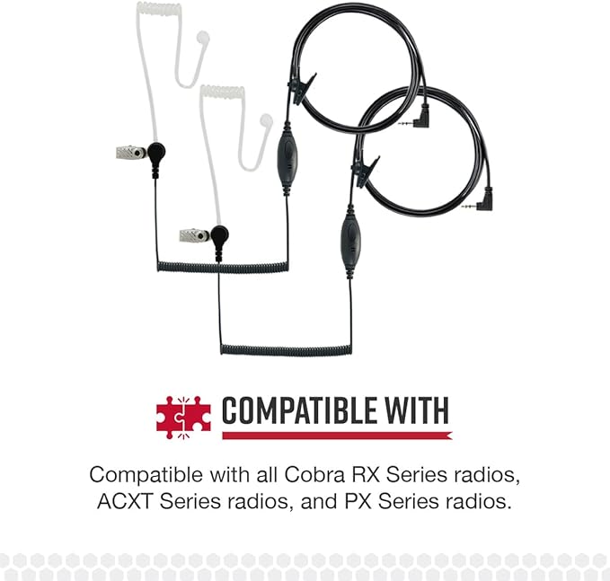 Cobra RX680 2-Pack Walkie Talkies & Compatible Cobra GA-SV01 2P Surveillance Headset Microphones: Rugged & Splashproof Two-Way Radios, Rechargeable, 60 Preset Channels, 38-Mile Range, Black/Orange