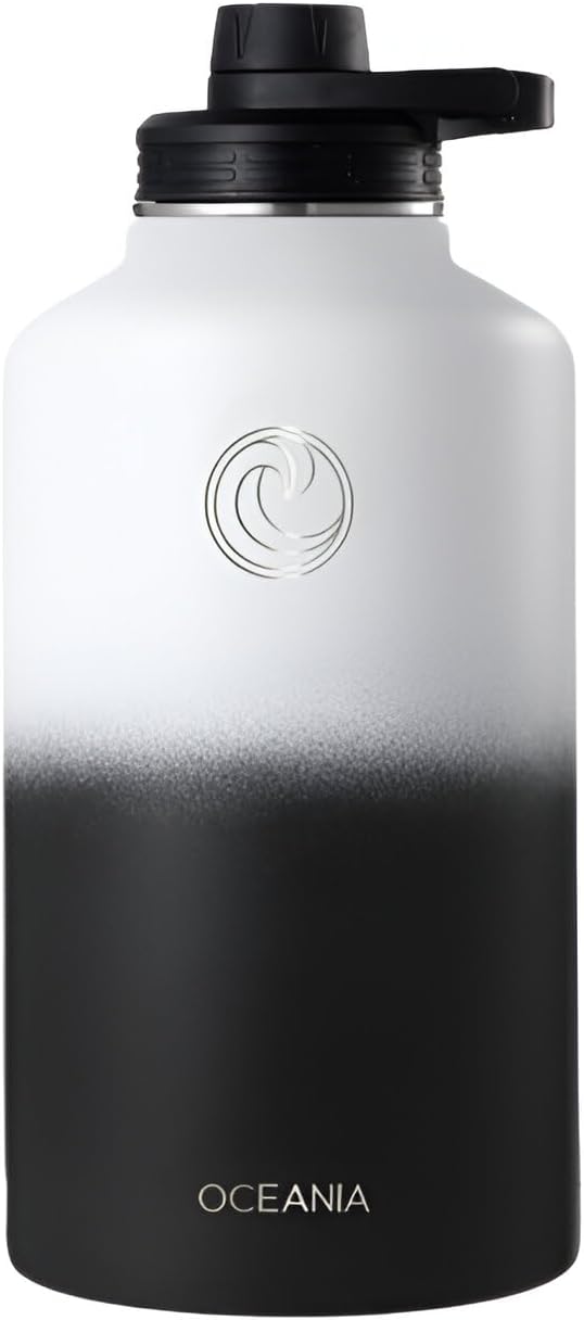 Oceania Flask 64oz Stainless Steel Water Bottles | Modern, Leakproof, Vacuum Insulated with 3 Lids, 3 Straws & 2 Straw Cleaning Brushes | Simple Lightweight Camping & Hiking Hydration Canteens