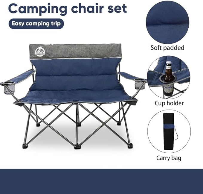 Northroad Outdoor Camping Chair Set of 3,Folding Padded Camp Chair,Collapsible Conversation Set w/1 Sofa,2 Single Chairs for Family Patio,Beach (Blue)
