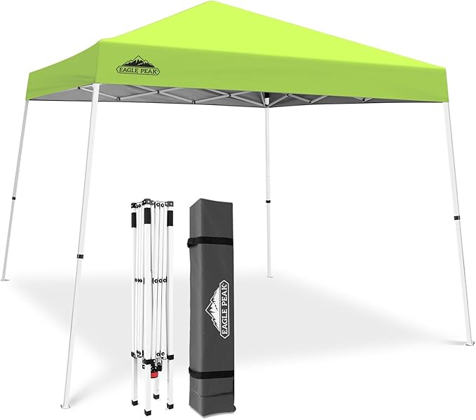EAGLE PEAK 10x10 Slant Leg Pop-up Canopy Tent Easy One Person Setup Instant Outdoor Beach Canopy Folding Portable Sports Shelter 10x10 Base 8x8 Top (Fluorescent Green)