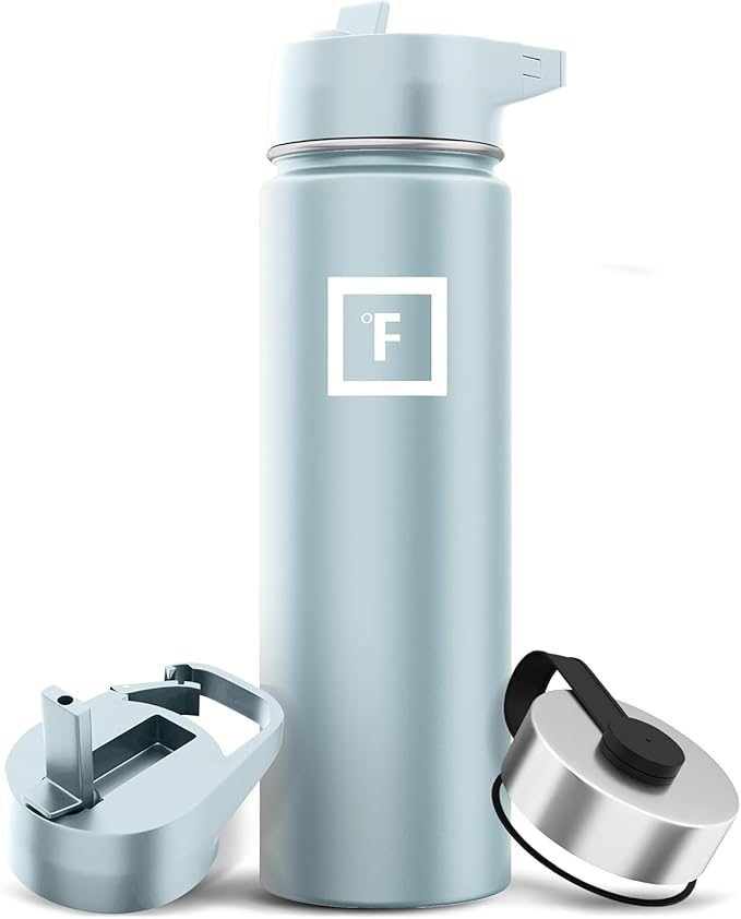 IRON °FLASK Camping & Hiking Hydration Flask with 3 Lids - Stainless Steel, Double Walled & Vacuum Insulated Water Bottle - Leak Proof & BPA Free (Morning Mist, Straw - 22 oz)