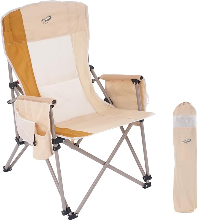 Heavy Duty Portable Folding Camping Chair for Adults with Padded | for Outdoor & Sports, Backpacking, Beach, Lawn, Hunting, Tailgating, Fishing | Supports 400 Lbs (Single, Beige)