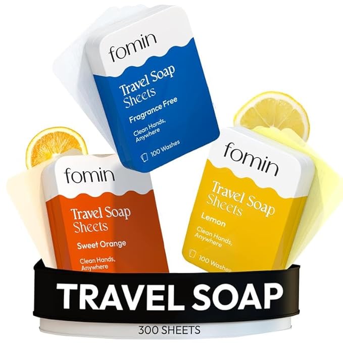 FOMIN - Antibacterial Paper Soap Sheets Tin for Traveling - (300 Sheets) Variety Pack (Unscented, Orange, Lemon) Portable Travel Hand Soap Sheets, Dissolvable Mini Camping Hand Soap for Hand Washing