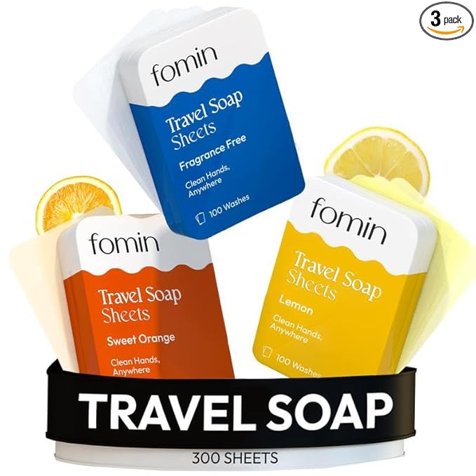 FOMIN - Antibacterial Paper Soap Sheets Tin for Traveling - 300 Variety (Unscented, Orange, Lemon) Portable Travel Hand Soap Sheets, Dissolvable Mini Camping Hand Soap for Hand Washing and Camping