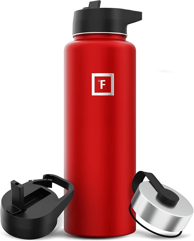 IRON °FLASK Camping & Hiking Hydration Flask with 3 Lids - Stainless Steel, Double Walled & Vacuum Insulated Water Bottle - Leak Proof & BPA Free (Fire Red, Straw - 40 oz)