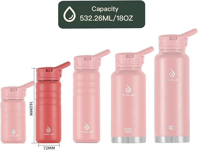 IDEUS Insulated Stainless Steel Water Bottle with 2 Leak-Proof Lids, Thermal Water Flask for Hiking Biking, 18oz, Red