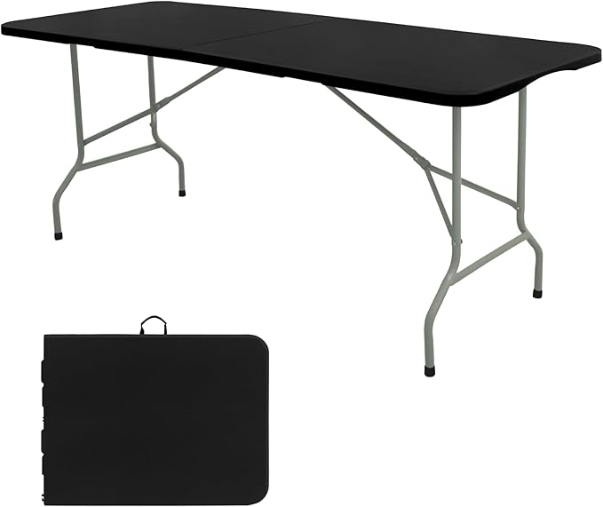 Folding Table 5FT Camping Table Portable Heavy Duty Plastic Rectangular Outdoor Dining Table Steel Legs Fold-in-Half with Carrying Handle for Indoor,Picnic,Party,Wedding,Events(Black)
