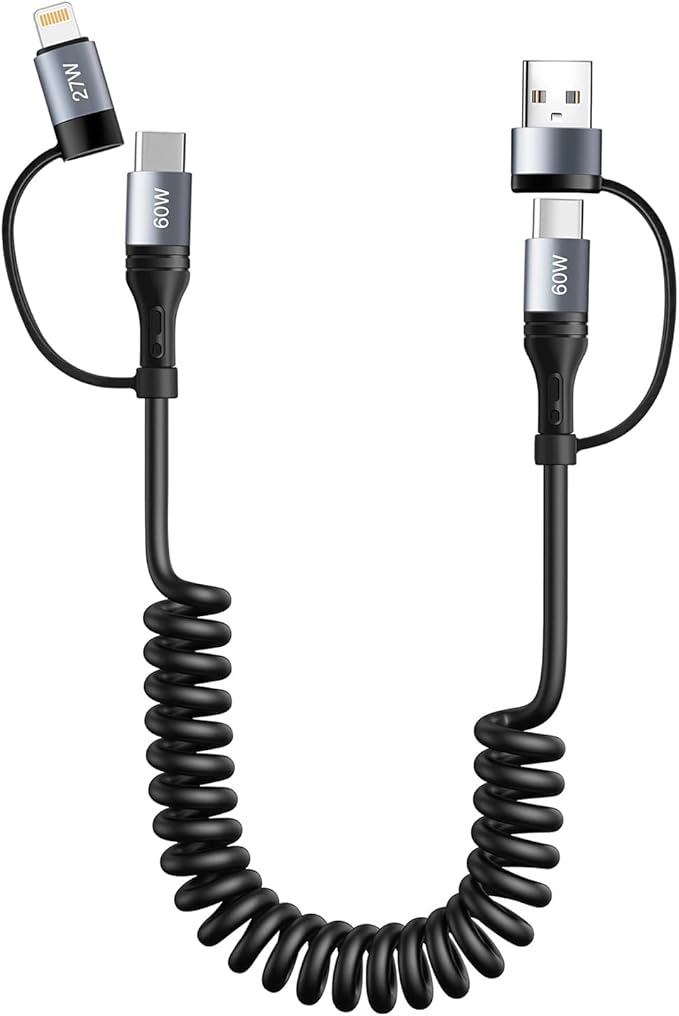 Coiled Lightning Cable [2Pack 4FT] 4 in 1 Multi Charging Cable 60W Fast Charging Retractable Charger Cord for iPhone 17 16 15/14/13/12/11 Pro Max/XS MAX/XR/XS/X/8/7/6 Plus/iPad/AirPods/MacBook/CarPlay