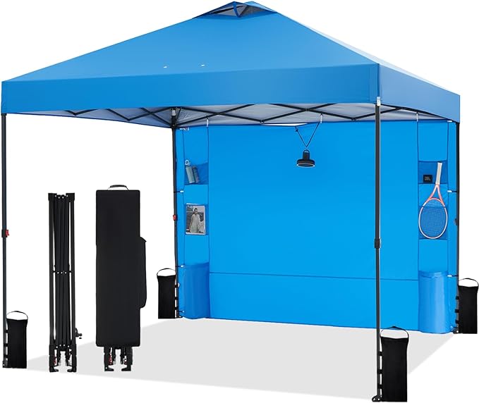 10'x10' Pop Up Canopy Tent with 1 Sidewall and 6 Pockets, One Push Setup, Instant Shade Tent with Vented Roof for Beach Patio Outdoor, Case, 8 Stakes, 4 Ropes, 4 Sandbags (Blue, 10x10)