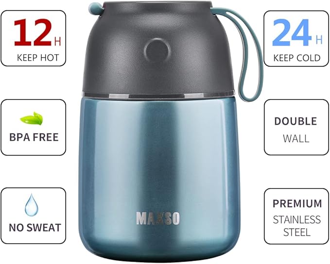 MAXSO Soup Thermo for Hot & Cold Food for Adults Kids, 17 oz Vacuum Insulated Steel Lunch Container Bento Box with Spoon, Leakproof Thermal Food Jar for School Office Travel - Shinny Blue