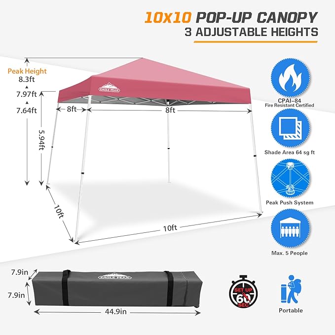 EAGLE PEAK 10x10 Slant Leg Pop-up Canopy Tent Easy One Person Setup Instant Outdoor Beach Canopy Folding Portable Sports Shelter 10x10 Base 8x8 Top (Peach Pink)