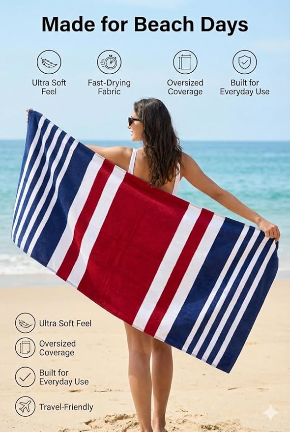 Premium Terry Cabana Beach Towel, Soft Plush Cotton Pool Towel, 30” x 60” Absorbent Quick Dry Travel Towel (Mariner Stripes, 4 Pack)