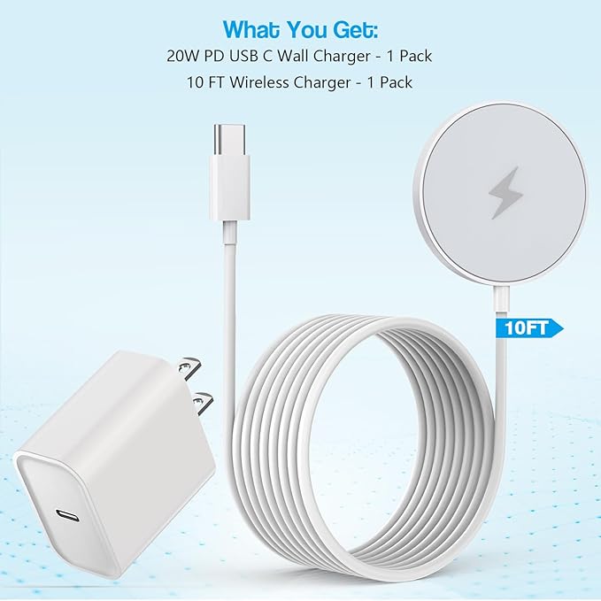 10FT Magnetic Wireless Charger,15W Fast Apple Mag-Safe Charger for iPhone 17/16/15 PD with USBC Apple Fast Charging Block 10Foot Quick Charge for iPhone 17/17 Air/17 16 15 Pro/Pro Max/14/13/12/AirPods